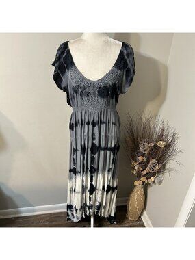One World Dress Tie Dye Crochet V-neck High Low Gray White Flutter Sleeve Sz L